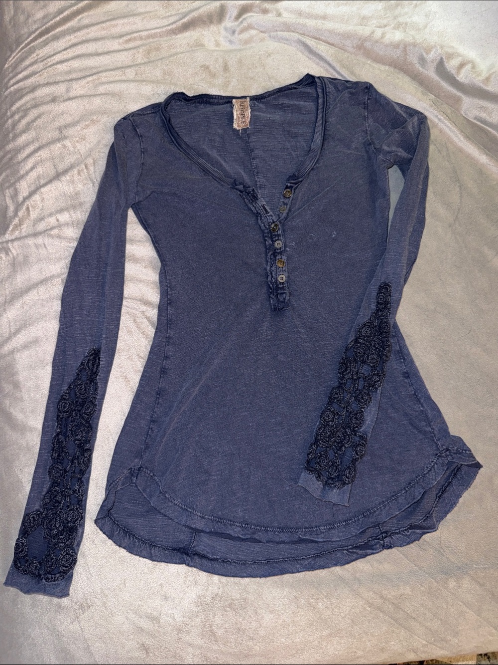 Free People Indigo Long Sleeve Henley with Lace Sleeve Panels